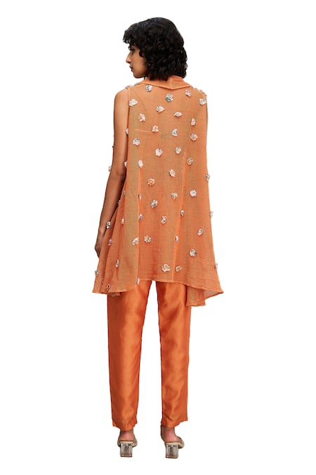 Buy Soup By Sougat Paul Orange Chanderi, Handloom Cotton Conversational Hand Jacket Pant Set Buy_Soup By Sougat Paul_Orange Chanderi, Handloom Cotton Conversational Hand Jacket Pant Set