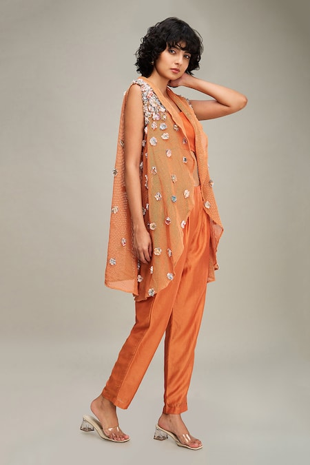 Shop Soup By Sougat Paul Orange Chanderi, Handloom Cotton Conversational Hand Jacket Pant Set Shop_Soup By Sougat Paul_Orange Chanderi, Handloom Cotton Conversational Hand Jacket Pant Set