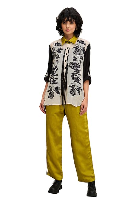Buy_Soup By Sougat Paul_Black Handloom Cotton, Linen Applique, Zinnia Floral Shirt And Pant Set _Online_at_Aza_Fashions