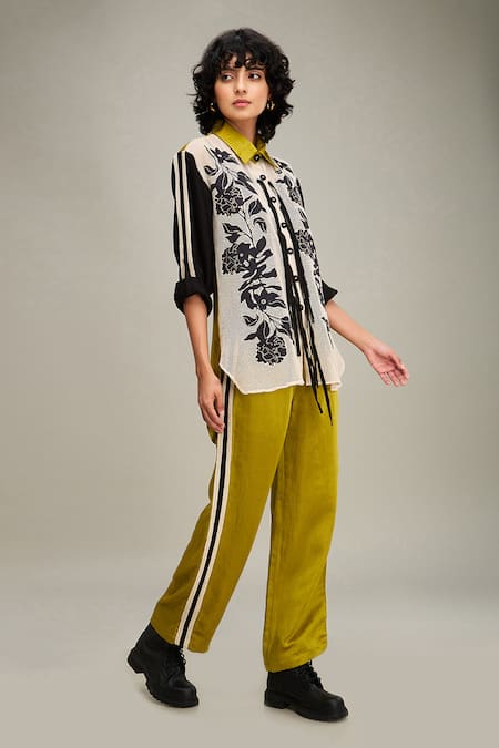 Shop_Soup By Sougat Paul_Black Handloom Cotton, Linen Applique, Zinnia Floral Shirt And Pant Set _Online_at_Aza_Fashions