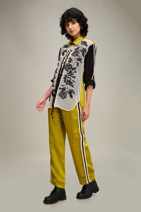 Soup By Sougat Paul_Black Handloom Cotton, Linen Applique, Zinnia Floral Shirt And Pant Set _at_Aza_Fashions