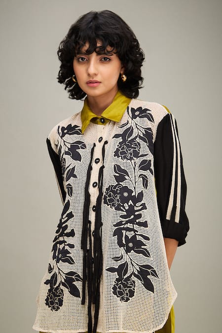 Shop_Soup By Sougat Paul_Black Handloom Cotton, Linen Applique, Zinnia Floral Shirt And Pant Set 