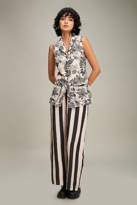 Soup by Sougat Paul Off White Linen Printed Floral Cuban Collar Ahyana Top And Pant Set 