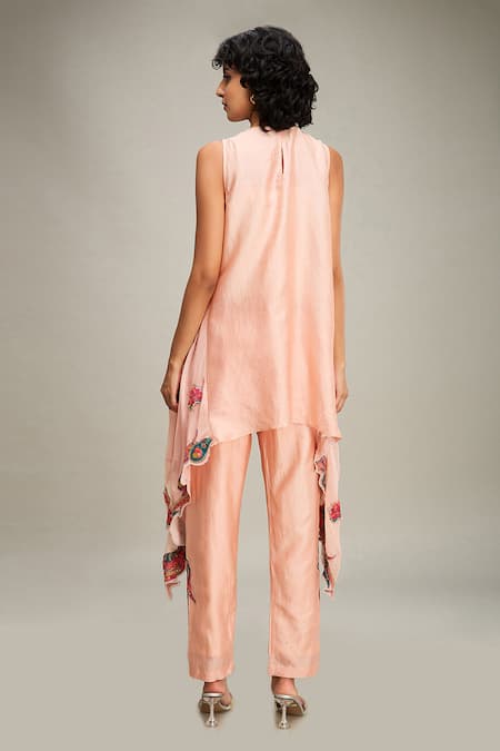 Shop Soup By Sougat Paul Peach Chanderi Embroidery Round Neck Qala Applique Border Kurta And Pant Set at Aza Fashions Shop_Soup By Sougat Paul_Peach Chanderi Embroidery Round Neck Qala Applique Border Kurta And Pant Set _at_Aza_Fashions