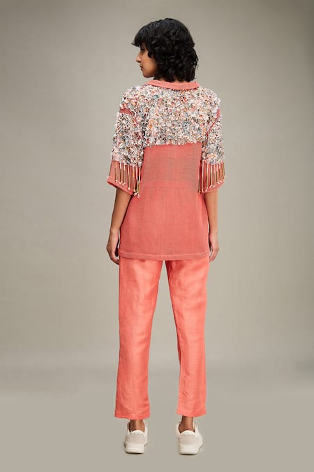 Shop Soup By Sougat Paul Coral Handloom Cotton, Linen Beads, Conversational Embellished Jacket Pant Set at Aza Fashions Shop_Soup By Sougat Paul_Coral Handloom Cotton, Linen Beads, Conversational Embellished Jacket Pant Set _at_Aza_Fashions