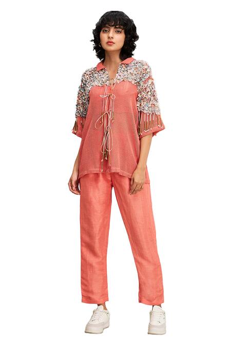 Buy Soup By Sougat Paul Coral Handloom Cotton, Linen Beads, Conversational Embellished Jacket Pant Set Online at Aza Fashions Buy_Soup By Sougat Paul_Coral Handloom Cotton, Linen Beads, Conversational Embellished Jacket Pant Set _Online_at_Aza_Fashions