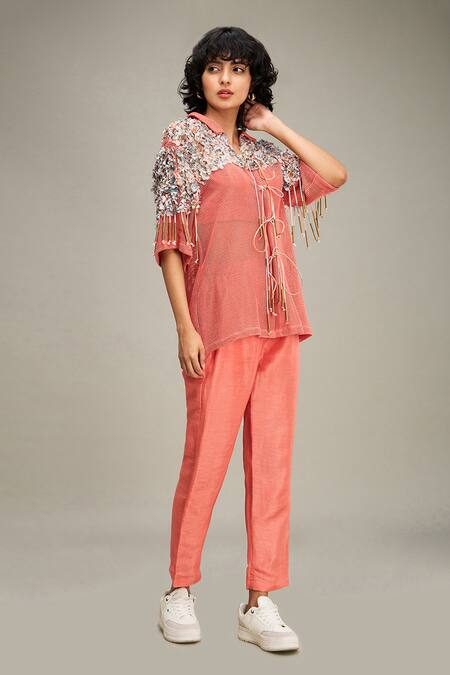 Shop Soup By Sougat Paul Coral Handloom Cotton, Linen Beads, Conversational Embellished Jacket Pant Set Online at Aza Fashions Shop_Soup By Sougat Paul_Coral Handloom Cotton, Linen Beads, Conversational Embellished Jacket Pant Set _Online_at_Aza_Fashions