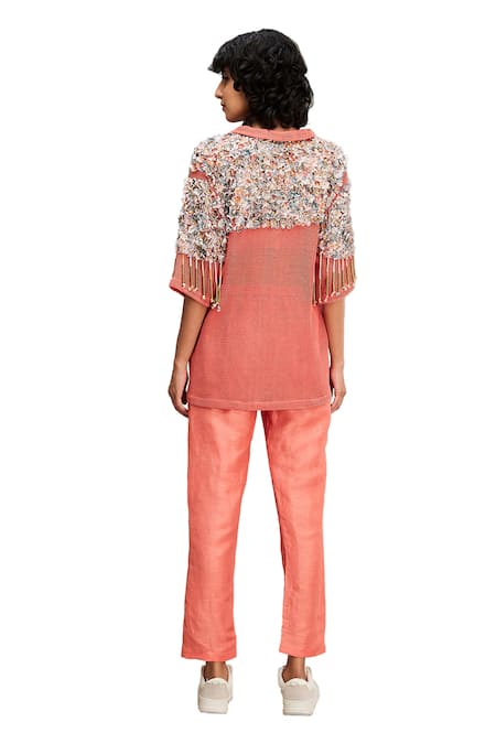 Soup By Sougat Paul Coral Handloom Cotton, Linen Beads, Conversational Embellished Jacket Pant Set at Aza Fashions Soup By Sougat Paul_Coral Handloom Cotton, Linen Beads, Conversational Embellished Jacket Pant Set _at_Aza_Fashions