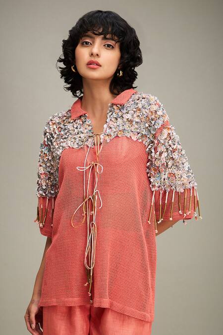 Buy Soup By Sougat Paul Coral Handloom Cotton, Linen Beads, Conversational Embellished Jacket Pant Set Buy_Soup By Sougat Paul_Coral Handloom Cotton, Linen Beads, Conversational Embellished Jacket Pant Set