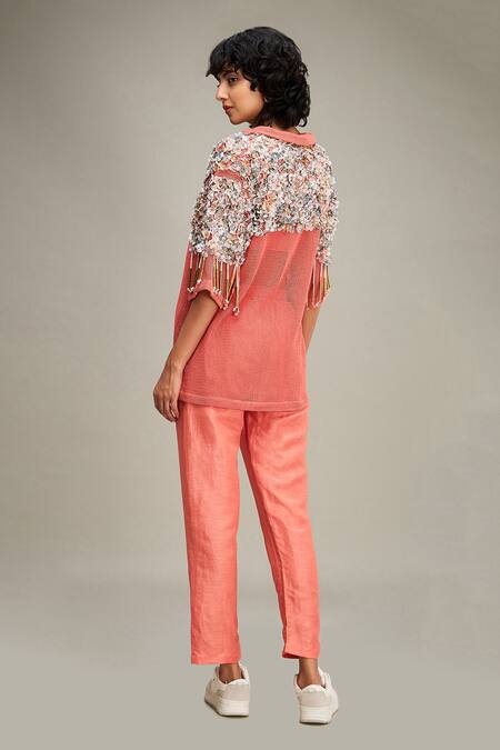 Shop Soup By Sougat Paul Coral Handloom Cotton, Linen Beads, Conversational Embellished Jacket Pant Set Shop_Soup By Sougat Paul_Coral Handloom Cotton, Linen Beads, Conversational Embellished Jacket Pant Set