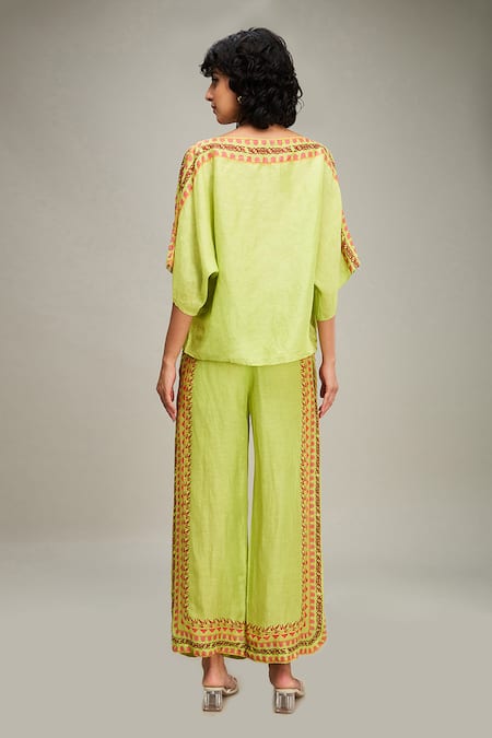 Shop Soup By Sougat Paul Green Linen Beads, Embroidery Avain Canopy Embellished Kimono Top And Pant Set at Aza Fashions Shop_Soup By Sougat Paul_Green Linen Beads, Embroidery Avain Canopy Embellished Kimono Top And Pant Set _at_Aza_Fashions