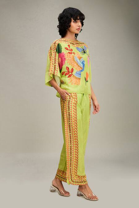 Shop Soup By Sougat Paul Green Linen Beads, Embroidery Avain Canopy Embellished Kimono Top And Pant Set Online at Aza Fashions Shop_Soup By Sougat Paul_Green Linen Beads, Embroidery Avain Canopy Embellished Kimono Top And Pant Set _Online_at_Aza_Fashions