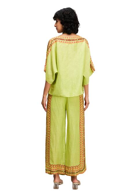 Soup By Sougat Paul Green Linen Beads, Embroidery Avain Canopy Embellished Kimono Top And Pant Set at Aza Fashions Soup By Sougat Paul_Green Linen Beads, Embroidery Avain Canopy Embellished Kimono Top And Pant Set _at_Aza_Fashions