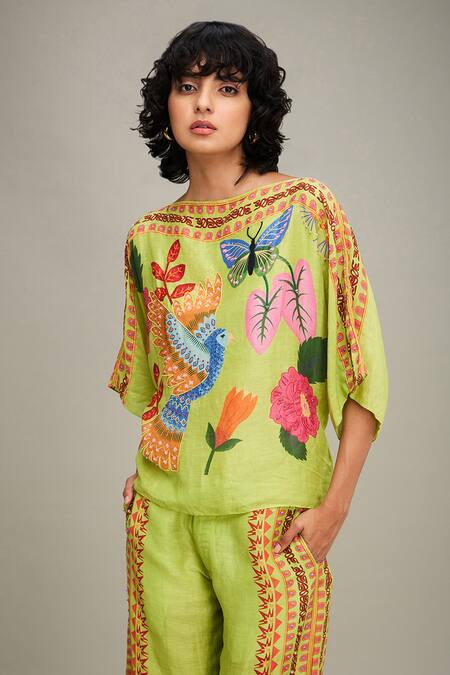 Buy Soup By Sougat Paul Green Linen Beads, Embroidery Avain Canopy Embellished Kimono Top And Pant Set Buy_Soup By Sougat Paul_Green Linen Beads, Embroidery Avain Canopy Embellished Kimono Top And Pant Set