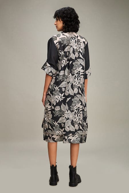 Shop Soup By Sougat Paul Black Linen Round Neck, Collared Ahyana Floral Print Dress With Jacket at Aza Fashions Shop_Soup By Sougat Paul_Black Linen Round Neck, Collared Ahyana Floral Print Dress With Jacket _at_Aza_Fashions