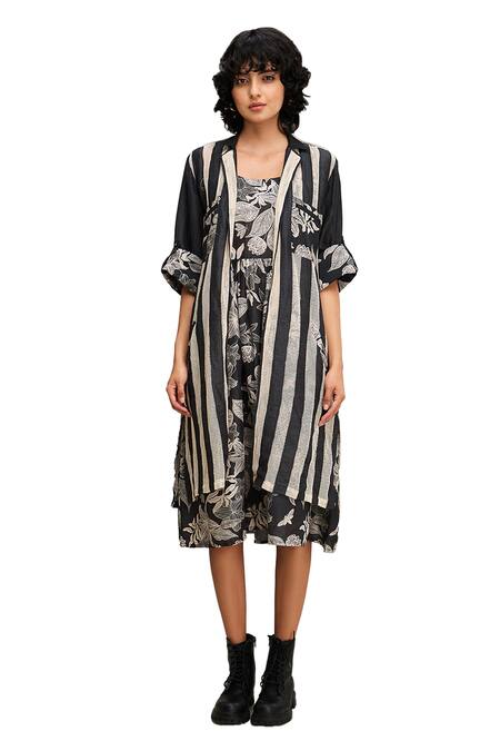 Buy Soup By Sougat Paul Black Linen Round Neck, Collared Ahyana Floral Print Dress With Jacket Online at Aza Fashions Buy_Soup By Sougat Paul_Black Linen Round Neck, Collared Ahyana Floral Print Dress With Jacket _Online_at_Aza_Fashions