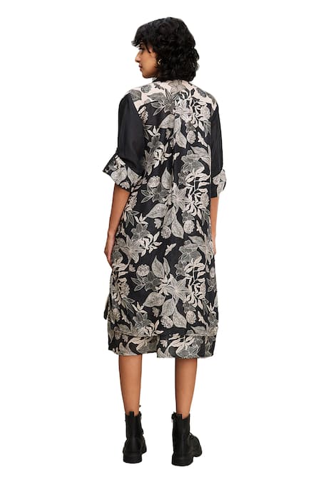 Soup By Sougat Paul Black Linen Round Neck, Collared Ahyana Floral Print Dress With Jacket at Aza Fashions Soup By Sougat Paul_Black Linen Round Neck, Collared Ahyana Floral Print Dress With Jacket _at_Aza_Fashions