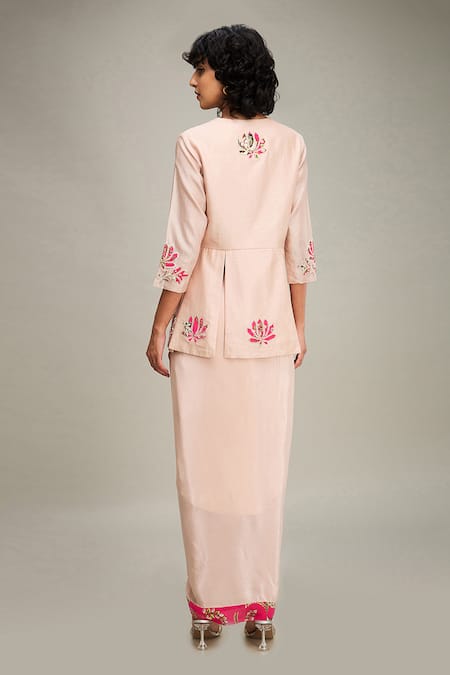 Shop Soup By Sougat Paul Pink Chanderi Embroidery, Applique Split Mehr Panelled Top And Draped Skirt Set at Aza Fashions Shop_Soup By Sougat Paul_Pink Chanderi Embroidery, Applique Split Mehr Panelled Top And Draped Skirt Set _at_Aza_Fashions