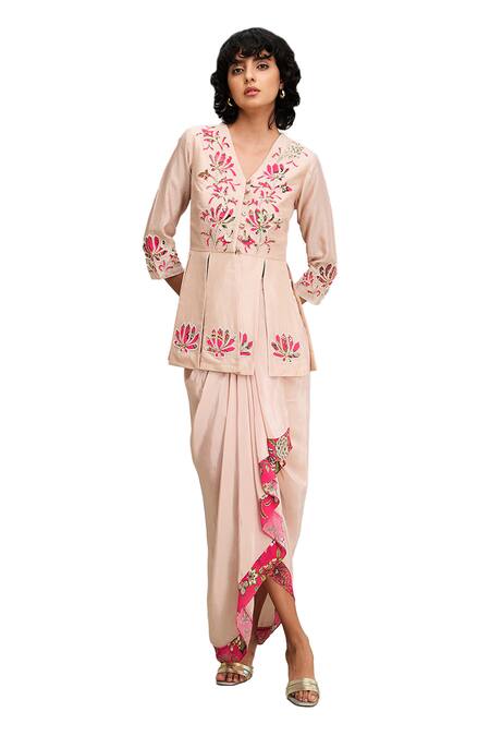 Soup By Sougat Paul Pink Chanderi Embroidery, Applique Split Mehr Panelled Top And Draped Skirt Set Online at Aza Fashions Soup By Sougat Paul_Pink Chanderi Embroidery, Applique Split Mehr Panelled Top And Draped Skirt Set _Online_at_Aza_Fashions