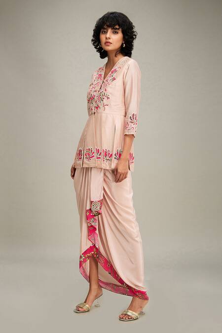 Shop Soup By Sougat Paul Pink Chanderi Embroidery, Applique Split Mehr Panelled Top And Draped Skirt Set Online at Aza Fashions Shop_Soup By Sougat Paul_Pink Chanderi Embroidery, Applique Split Mehr Panelled Top And Draped Skirt Set _Online_at_Aza_Fashions