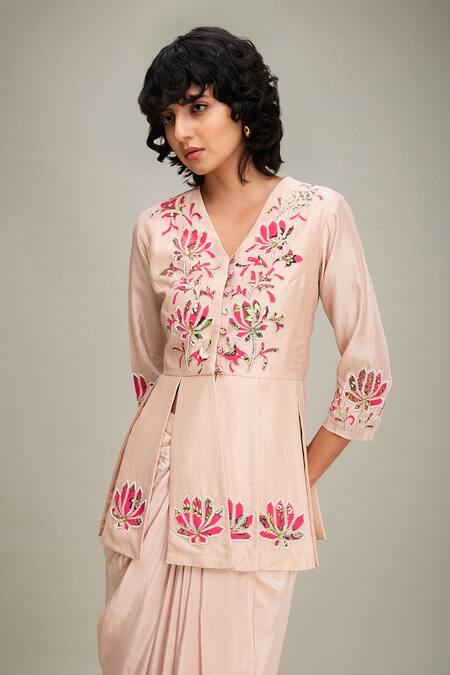 Buy Soup By Sougat Paul Pink Chanderi Embroidery, Applique Split Mehr Panelled Top And Draped Skirt Set Buy_Soup By Sougat Paul_Pink Chanderi Embroidery, Applique Split Mehr Panelled Top And Draped Skirt Set