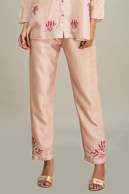 Soup By Sougat Paul Beige Chanderi Embroidery, Applique Mandarin Collar Lotus Kurta And Pant Set Online at Aza Fashions Soup By Sougat Paul_Beige Chanderi Embroidery, Applique Mandarin Collar Lotus Kurta And Pant Set _Online_at_Aza_Fashions