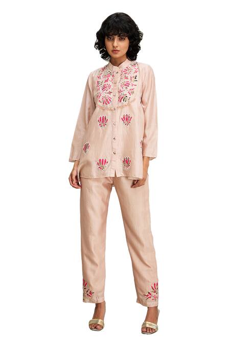 Buy Soup By Sougat Paul Beige Chanderi Embroidery, Applique Mandarin Collar Lotus Kurta And Pant Set Online at Aza Fashions Buy_Soup By Sougat Paul_Beige Chanderi Embroidery, Applique Mandarin Collar Lotus Kurta And Pant Set _Online_at_Aza_Fashions