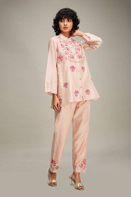 Shop Soup By Sougat Paul Beige Chanderi Embroidery, Applique Mandarin Collar Lotus Kurta And Pant Set Online at Aza Fashions Shop_Soup By Sougat Paul_Beige Chanderi Embroidery, Applique Mandarin Collar Lotus Kurta And Pant Set _Online_at_Aza_Fashions