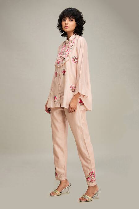 Soup By Sougat Paul Beige Chanderi Embroidery, Applique Mandarin Collar Lotus Kurta And Pant Set at Aza Fashions Soup By Sougat Paul_Beige Chanderi Embroidery, Applique Mandarin Collar Lotus Kurta And Pant Set _at_Aza_Fashions