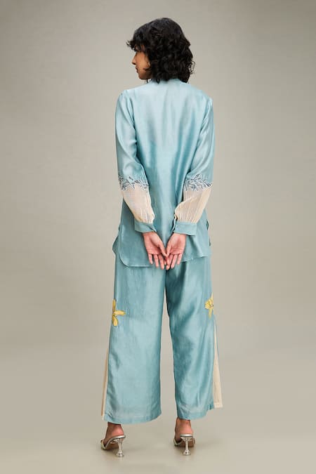Shop_Soup By Sougat Paul_Blue Linen Embroidery, Applique Mandarin Collar Floral Jacket And Pant Set _at_Aza_Fashions