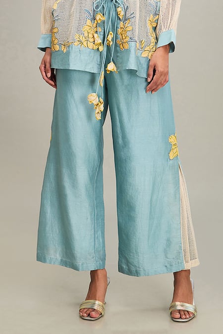 Soup By Sougat Paul_Blue Linen Embroidery, Applique Mandarin Collar Floral Jacket And Pant Set _Online_at_Aza_Fashions