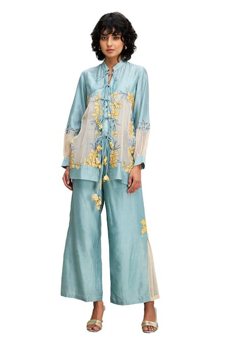 Buy_Soup By Sougat Paul_Blue Linen Embroidery, Applique Mandarin Collar Floral Jacket And Pant Set _Online_at_Aza_Fashions
