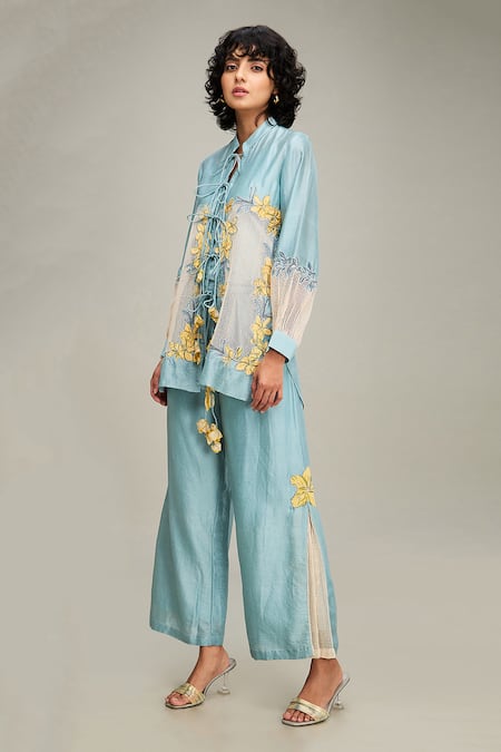 Shop_Soup By Sougat Paul_Blue Linen Embroidery, Applique Mandarin Collar Floral Jacket And Pant Set _Online_at_Aza_Fashions