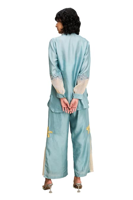 Soup By Sougat Paul_Blue Linen Embroidery, Applique Mandarin Collar Floral Jacket And Pant Set _at_Aza_Fashions