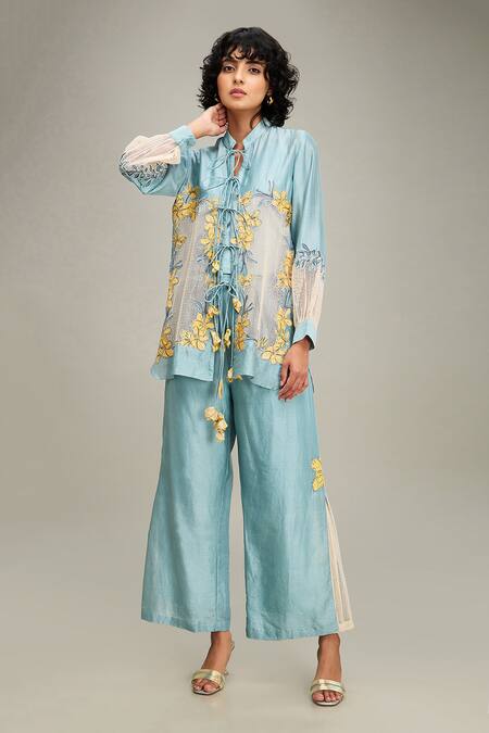 Buy_Soup By Sougat Paul_Blue Linen Embroidery, Applique Mandarin Collar Floral Jacket And Pant Set 