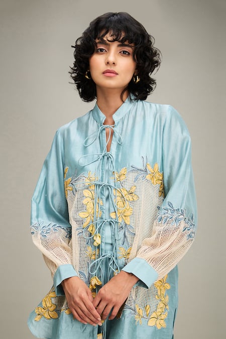 Shop_Soup By Sougat Paul_Blue Linen Embroidery, Applique Mandarin Collar Floral Jacket And Pant Set 