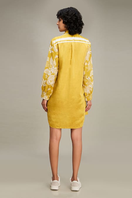 Shop Soup By Sougat Paul Yellow Handloom Cotton, Satin Embroidery Collared Ahyana Applique Shirt Dress at Aza Fashions Shop_Soup By Sougat Paul_Yellow Handloom Cotton, Satin Embroidery Collared Ahyana Applique Shirt Dress _at_Aza_Fashions