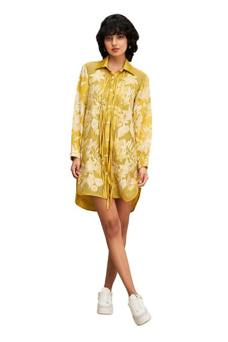 Soup By Sougat Paul Yellow Handloom Cotton, Satin Embroidery Collared Ahyana Applique Shirt Dress Online at Aza Fashions Soup By Sougat Paul_Yellow Handloom Cotton, Satin Embroidery Collared Ahyana Applique Shirt Dress _Online_at_Aza_Fashions