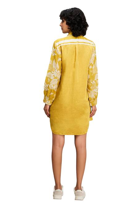 Soup By Sougat Paul Yellow Handloom Cotton, Satin Embroidery Collared Ahyana Applique Shirt Dress at Aza Fashions Soup By Sougat Paul_Yellow Handloom Cotton, Satin Embroidery Collared Ahyana Applique Shirt Dress _at_Aza_Fashions