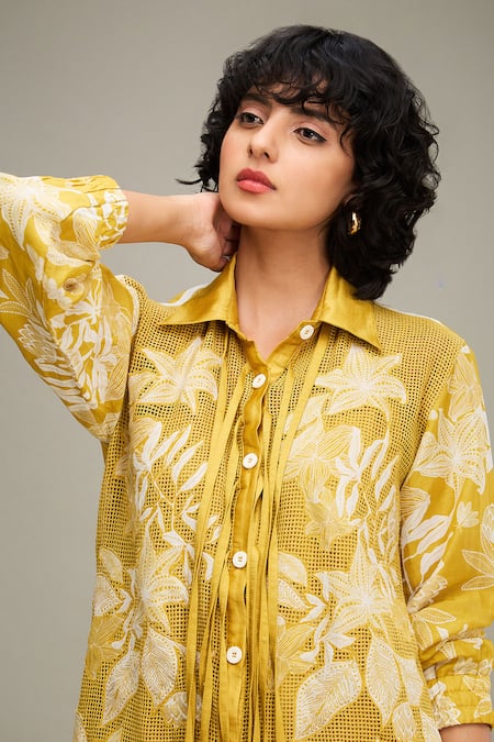 Buy Soup By Sougat Paul Yellow Handloom Cotton, Satin Embroidery Collared Ahyana Applique Shirt Dress Buy_Soup By Sougat Paul_Yellow Handloom Cotton, Satin Embroidery Collared Ahyana Applique Shirt Dress