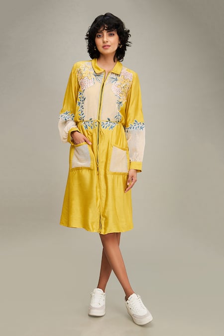 Soup by Sougat Paul Yellow Handloom Net Embroidery Floral Applique Collar Zinnia Dress 