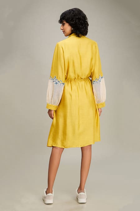 Shop Soup By Sougat Paul Yellow Handloom Cotton Embroidery Collared Zinnia Floral Applique Dress at Aza Fashions Shop_Soup By Sougat Paul_Yellow Handloom Cotton Embroidery Collared Zinnia Floral Applique Dress _at_Aza_Fashions