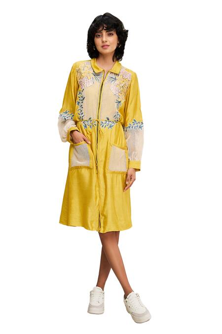 Soup By Sougat Paul Yellow Handloom Cotton Embroidery Collared Zinnia Floral Applique Dress Online at Aza Fashions Soup By Sougat Paul_Yellow Handloom Cotton Embroidery Collared Zinnia Floral Applique Dress _Online_at_Aza_Fashions