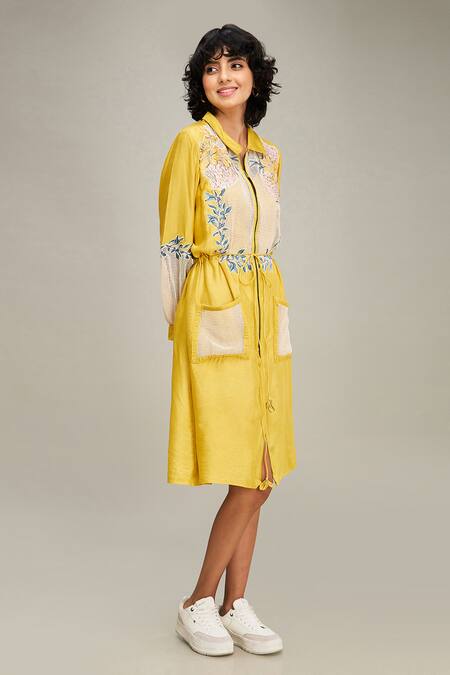 Buy Soup By Sougat Paul Yellow Handloom Cotton Embroidery Collared Zinnia Floral Applique Dress Online at Aza Fashions Buy_Soup By Sougat Paul_Yellow Handloom Cotton Embroidery Collared Zinnia Floral Applique Dress _Online_at_Aza_Fashions