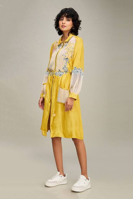 Shop Soup By Sougat Paul Yellow Handloom Cotton Embroidery Collared Zinnia Floral Applique Dress Online at Aza Fashions Shop_Soup By Sougat Paul_Yellow Handloom Cotton Embroidery Collared Zinnia Floral Applique Dress _Online_at_Aza_Fashions