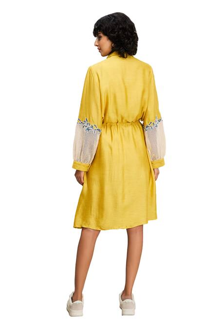 Soup By Sougat Paul Yellow Handloom Cotton Embroidery Collared Zinnia Floral Applique Dress at Aza Fashions Soup By Sougat Paul_Yellow Handloom Cotton Embroidery Collared Zinnia Floral Applique Dress _at_Aza_Fashions