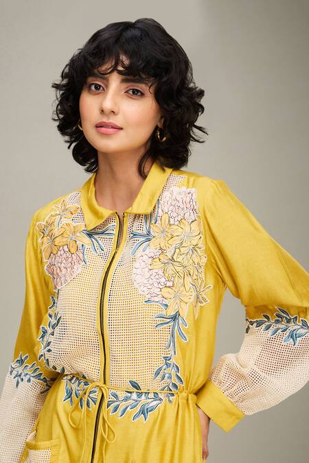 Buy Soup By Sougat Paul Yellow Handloom Cotton Embroidery Collared Zinnia Floral Applique Dress Buy_Soup By Sougat Paul_Yellow Handloom Cotton Embroidery Collared Zinnia Floral Applique Dress