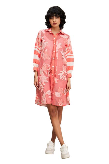 Soup By Sougat Paul Pink Linen, Cotton Embroidery Collared Ahyana Floral Applique Shirt Dress Online at Aza Fashions Soup By Sougat Paul_Pink Linen, Cotton Embroidery Collared Ahyana Floral Applique Shirt Dress _Online_at_Aza_Fashions