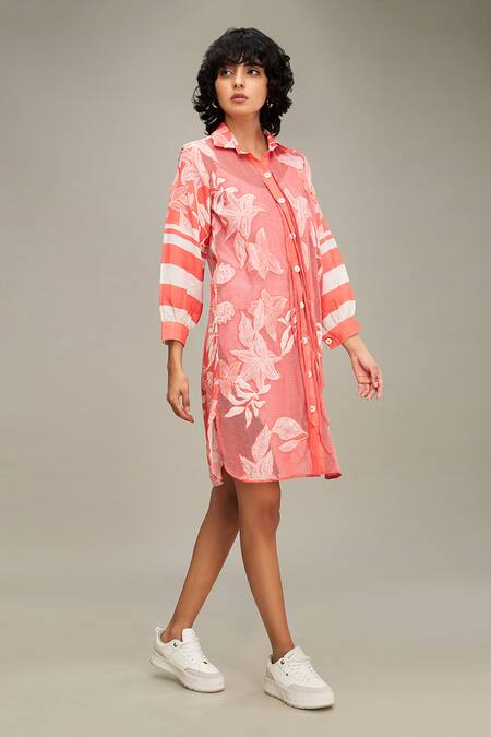 Buy Soup By Sougat Paul Pink Linen, Cotton Embroidery Collared Ahyana Floral Applique Shirt Dress Online at Aza Fashions Buy_Soup By Sougat Paul_Pink Linen, Cotton Embroidery Collared Ahyana Floral Applique Shirt Dress _Online_at_Aza_Fashions