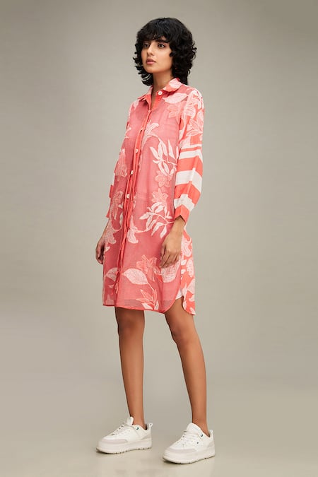 Shop Soup By Sougat Paul Pink Linen, Cotton Embroidery Collared Ahyana Floral Applique Shirt Dress Online at Aza Fashions Shop_Soup By Sougat Paul_Pink Linen, Cotton Embroidery Collared Ahyana Floral Applique Shirt Dress _Online_at_Aza_Fashions